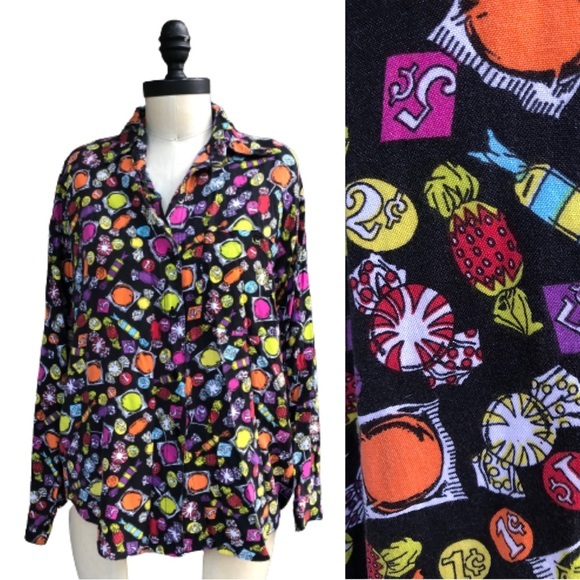 Vintage 80s Penny Candy Fun Novelty Kitschy Print Button Up Blouse Top - Picture 1 of 14